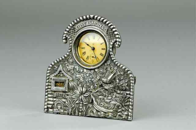 Appraisal: TIME IS MONEY CLOCK BANK c 's heavily embossed nickeled