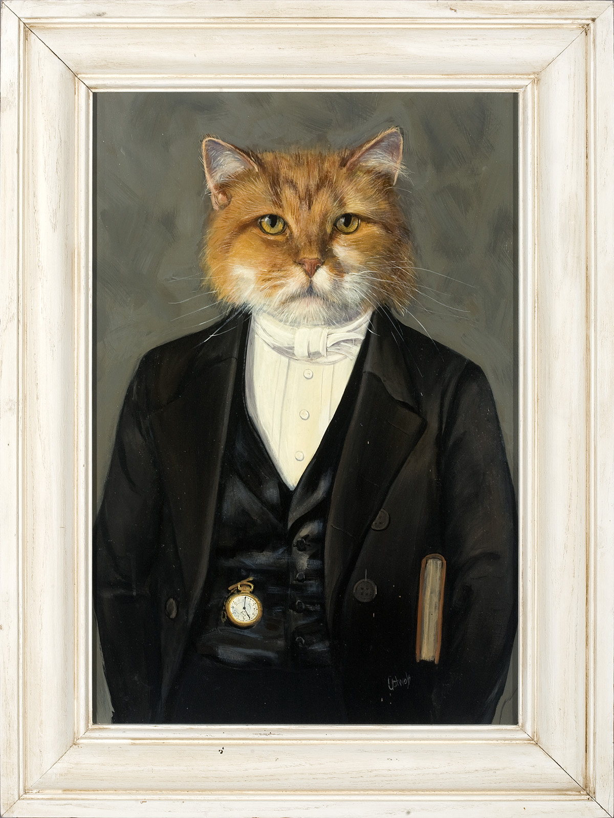 Appraisal: PORTRAIT OF A CAT IN BLACK WAISCOAT AND V Oil