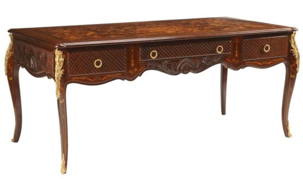 Appraisal: Large Louis XV style carved and marquetry inlaid writing desk