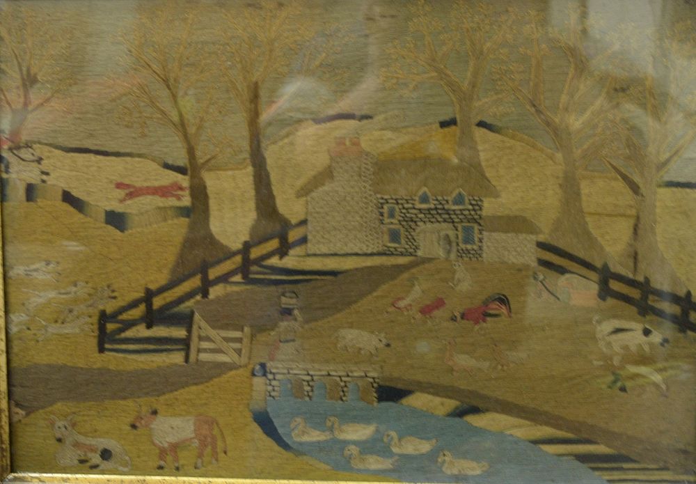 Appraisal: Woolwork farmyard with animals pond house and fox hunt in