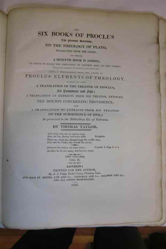 Appraisal: TAYLOR T THE SIX BOOKS OF PROCLUS THE PLATONIC SUCCESSOR