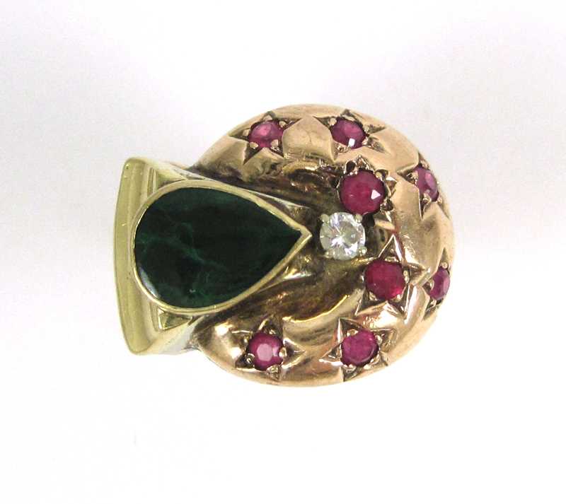 Appraisal: JADE SYNTHETIC RUBY AND DIAMOND RING with appraisal The k