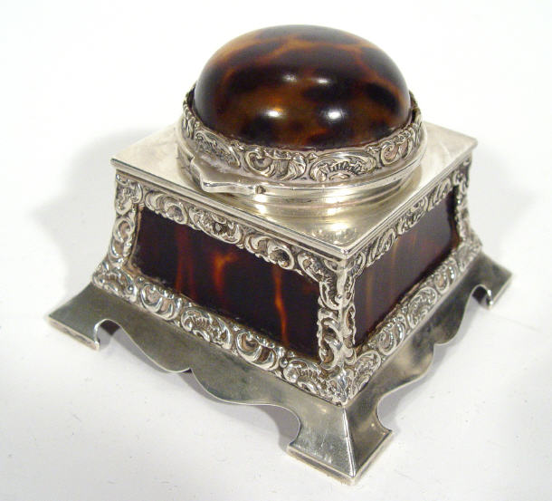 Appraisal: Silver and tortoiseshell square based inkwell with dombed top and