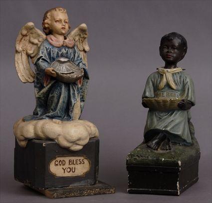 Appraisal: TWO BELGIAN POLYCHROME PLASTER FIGURAL COLLECTION BANKS Each with nodding