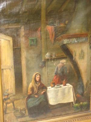 Appraisal: CONTINENTAL SCHOOL Kitchen Interior with two female figures indistinctly signed