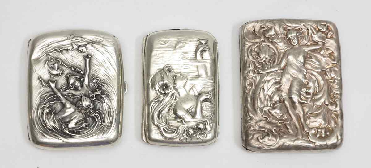 Appraisal: ART NOUVEAU STERLING SILVER CIGARETTE CASES To include Woman holding