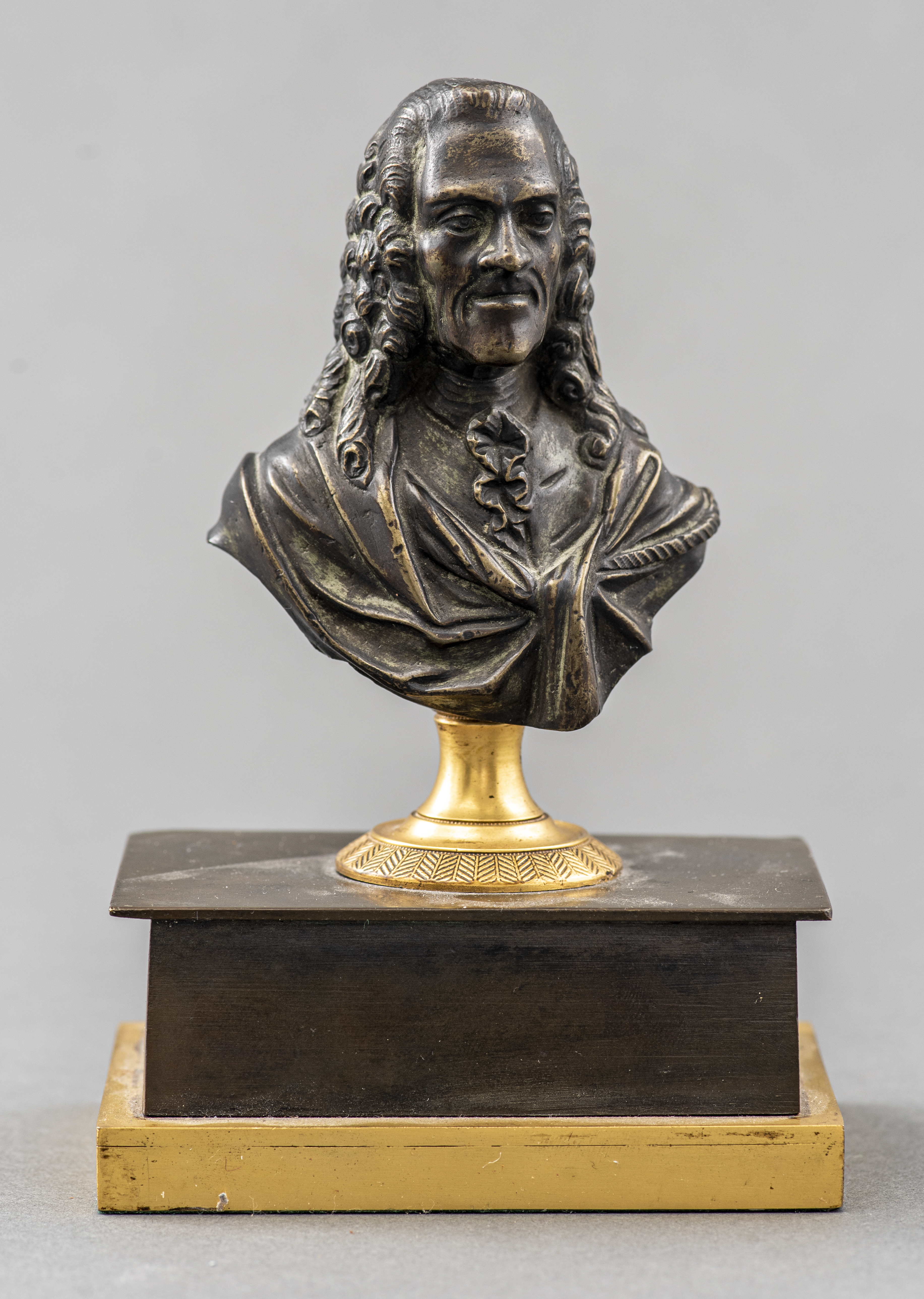 Appraisal: GRAND TOUR PATINATED BRONZE BUST OF VOLTAIRE Grand Tour gilt