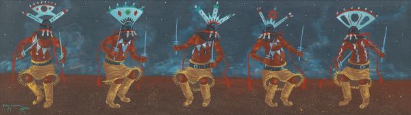 Appraisal: JIMMY YELLOWHAIR AMERICAN TH CENTURY x Kachina dancers Oil on