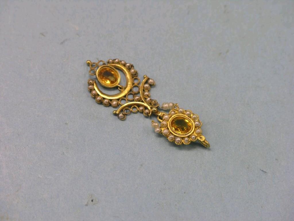 Appraisal: A Victorian seed pearl pendant set two oval faceted citrines