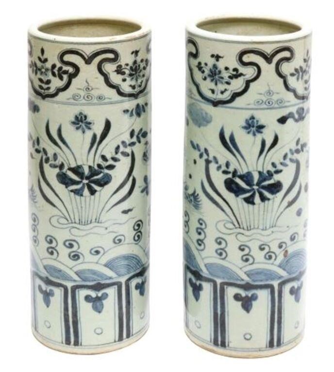 Appraisal: pair Chinese blue and white ceramic hat stands cylindrical form