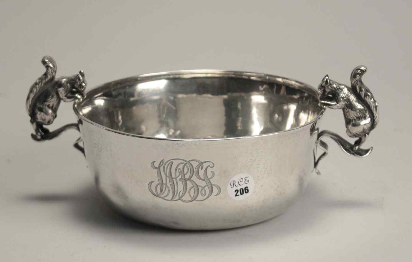 Appraisal: THEODORE B STARR STERLING SILVER BOWLCircular with squirrel-form handles Monogrammed