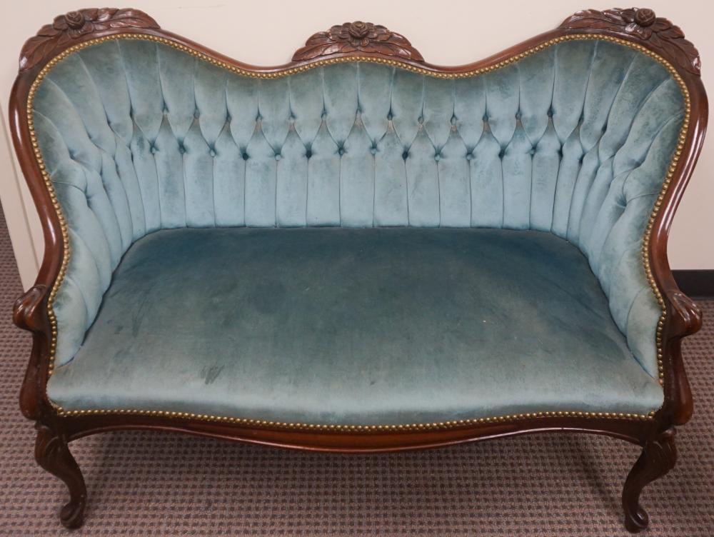 Appraisal: Victorian Style Carved Walnut and Tufted Blue Velvet Upholstered Sofa