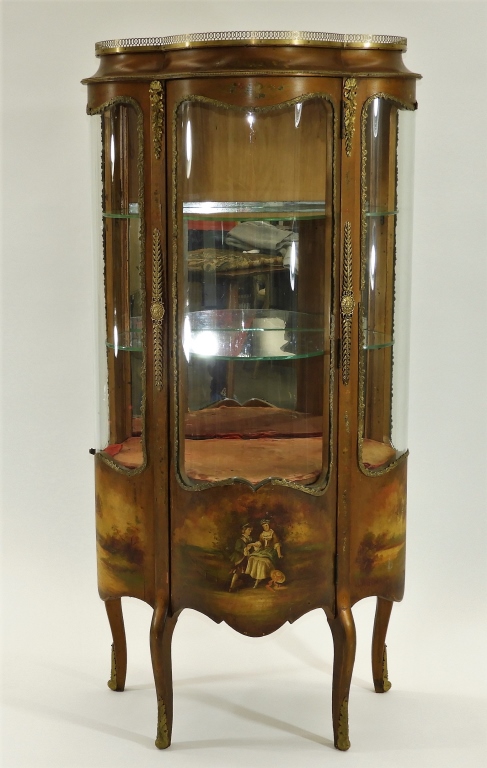 Appraisal: FRENCH VERNIS MARTIN SERPENTINE VITRINE CABINET France Circa Bronze mounted