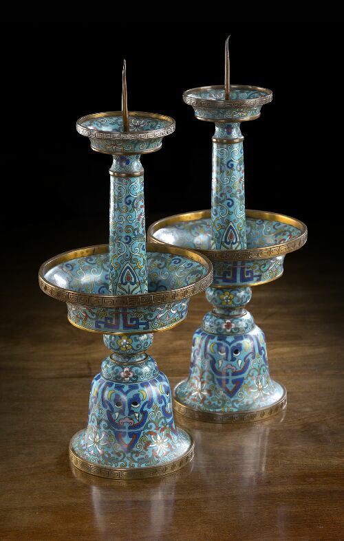 Appraisal: A pair of Chinese cloisonn altar candlesticks Qianlong cast reign