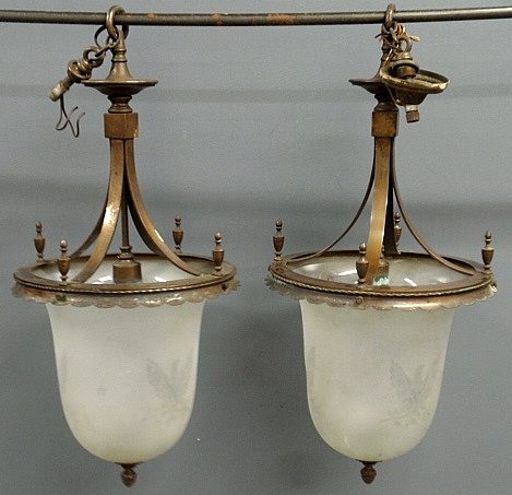 Appraisal: - Pair of massive bronze hanging hall lanterns c with