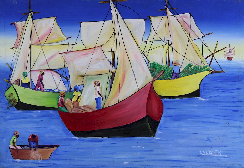 Appraisal: Dantis Signed Haitian School Harbor Scene Dantis Signed Haitian School