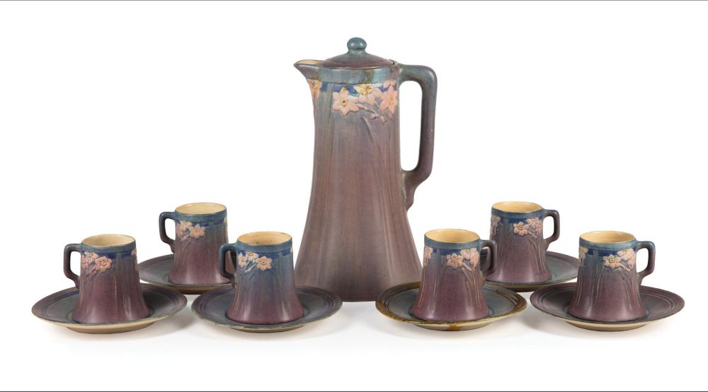 Appraisal: Newcomb College Art Pottery Chocolate Pot with Six Cups and