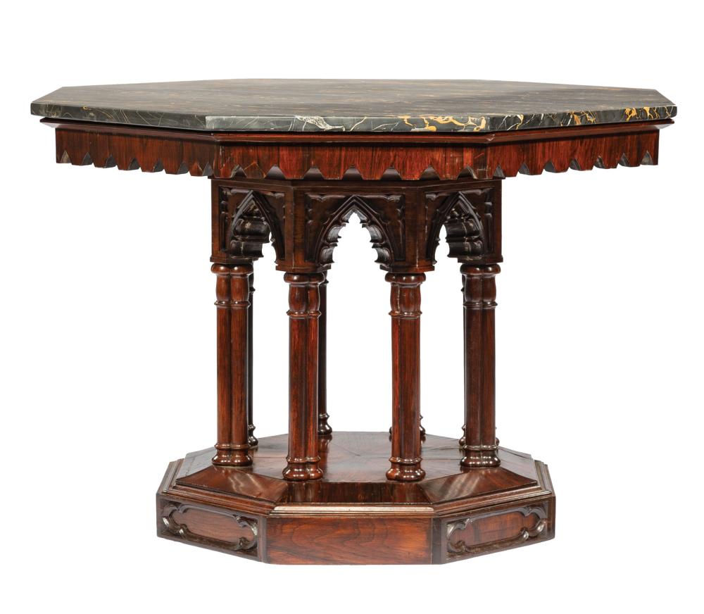 Appraisal: American Gothic Carved Rosewood Center Table c New York octagonal