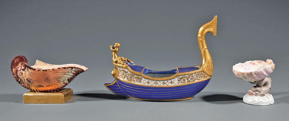 Appraisal: S vres-Style Gilt-Decorated Porcelain Boat-Form Desk Ornament th c marked