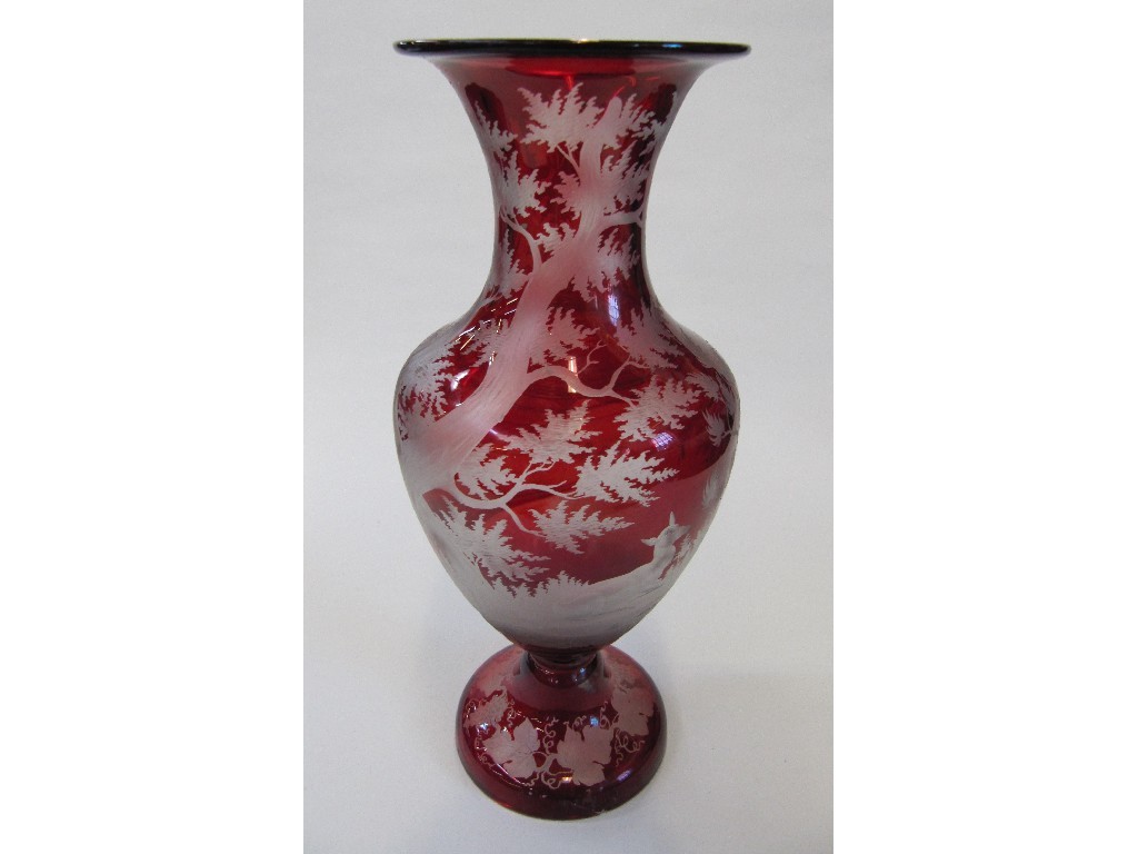 Appraisal: Bohemian ruby flashed glass vase etched with deer in a