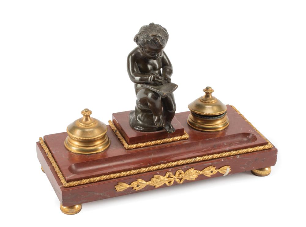 Appraisal: Louis XVI-Style Bronze and Rouge Marble Figural Inkwell th c