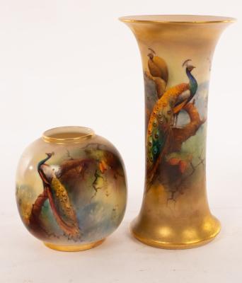 Appraisal: A Royal Worcester cylindrical trumpet vase painted peacocks among spruce