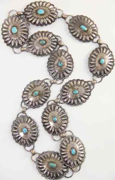 Appraisal: Mexican Silver Concho Beltmedallions set with turquoise unmarked LOA in