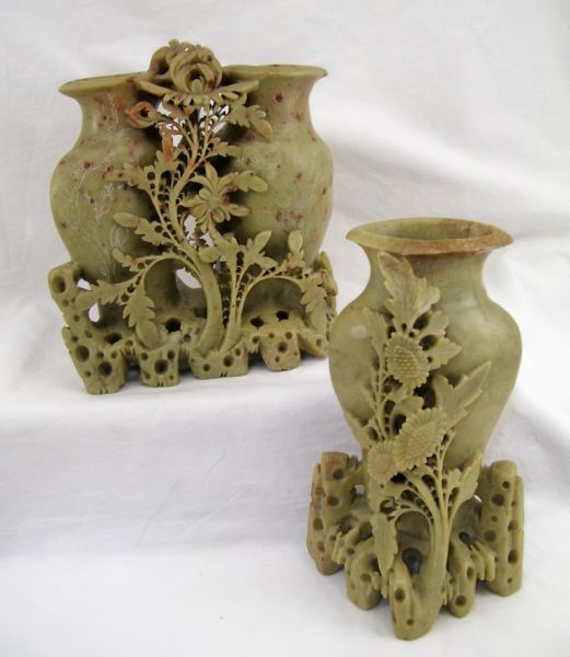 Appraisal: - Carved Soapstone Vases Includes Double vase with floral decoration