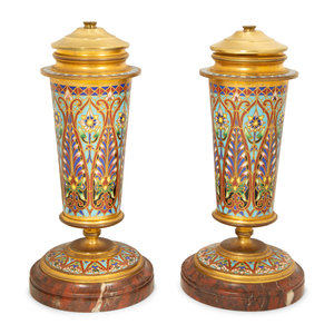 Appraisal: A Pair of French Champleve and Gilt Bronze Lidded Urns