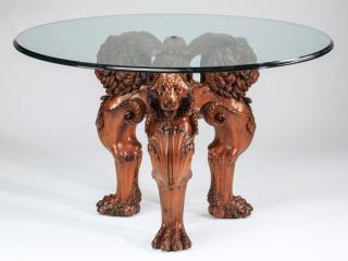 Appraisal: Carved lions' head center table by Henredon Glass topped center