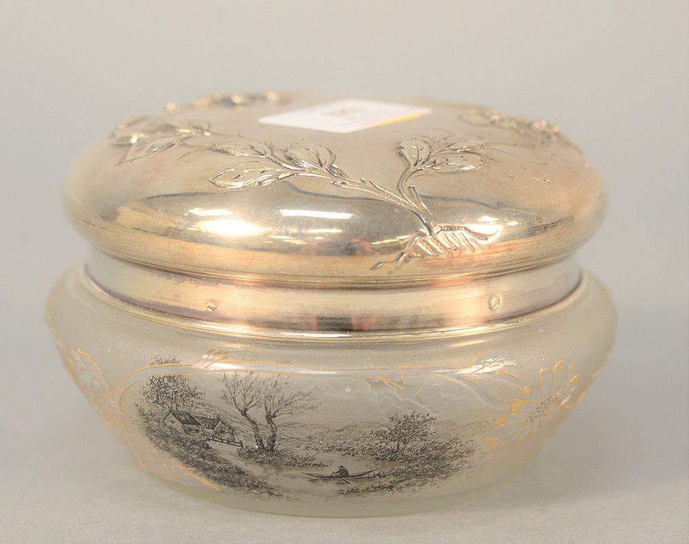 Appraisal: Daum Nancy acid etched powder jar with painted scene man