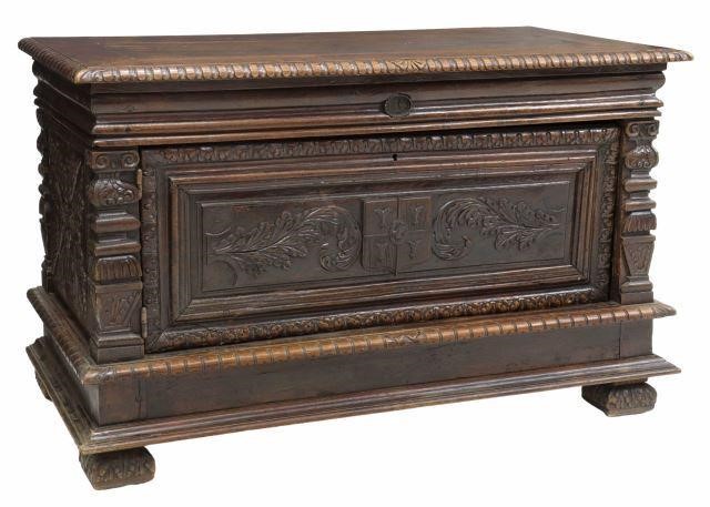 Appraisal: French carved oak chest Brittany th c rectangular paneled top