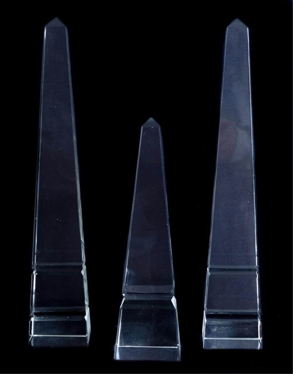 Appraisal: GROUP THREE CRYSTAL OBELISKSGroup of three graduating crystal obelisks Apparently