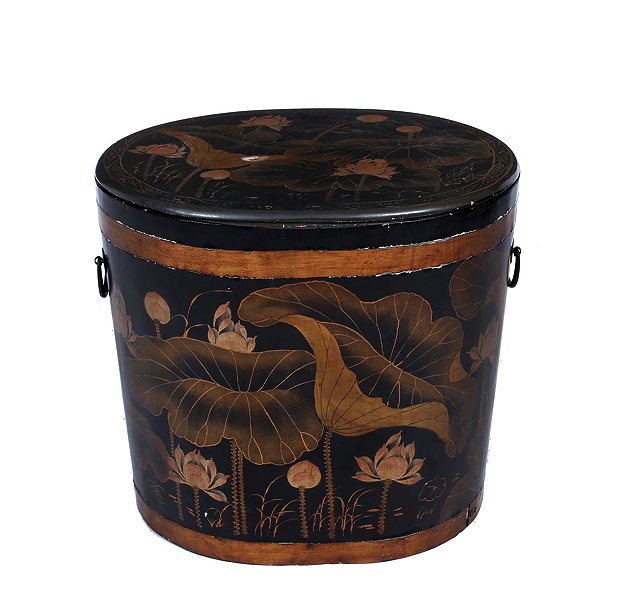 Appraisal: AN OVAL BLACK LACQUERED COOPERED BUCKET AND COVER with chinoiserie