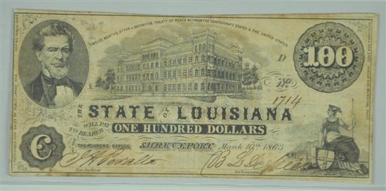 Appraisal: Louisiana Note from Civil War Period Date CR Shull pg