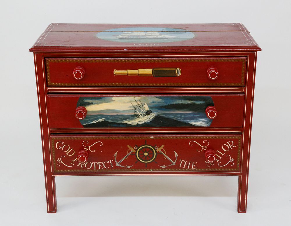 Appraisal: Red Nautical Painted Three Drawer Chest Red Nautical Painted Three