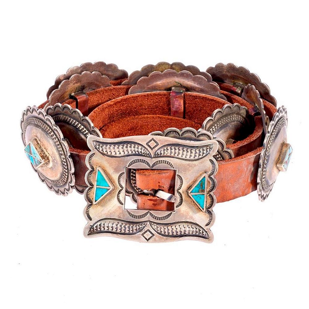 Appraisal: OLD PAWN CONCHO BELT Old Pawn Navajo concho plus buckle