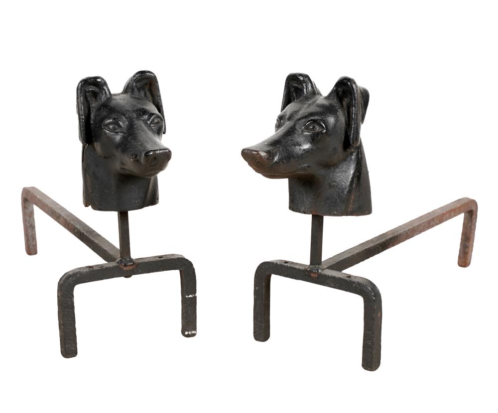 Appraisal: PAIR OF IRON DOG'S HEAD ANDIRONSProvenance The Estate of Herbert