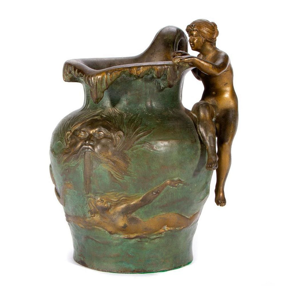 Appraisal: Beaux Arts bronze pitcher A Beaux-Arts bronze pitcher with a