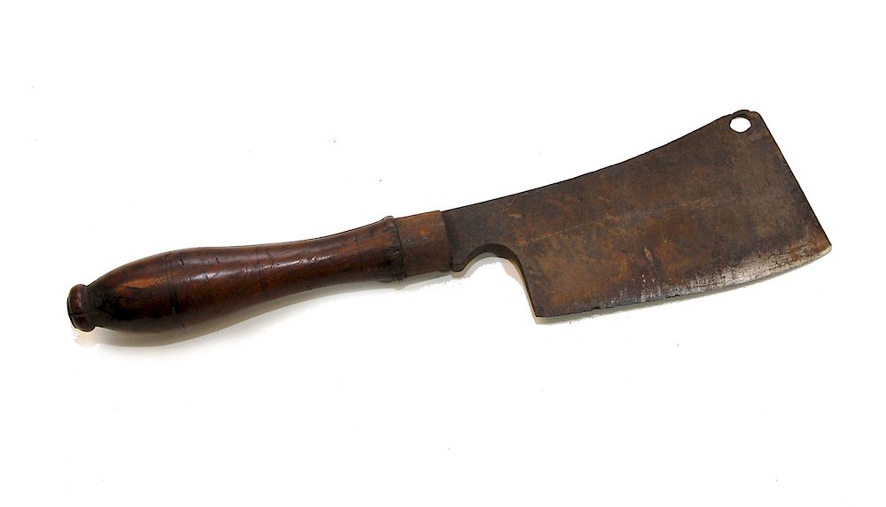 Appraisal: Early Meat Cleaver with Turned Wooden Handle Early Meat Cleaver