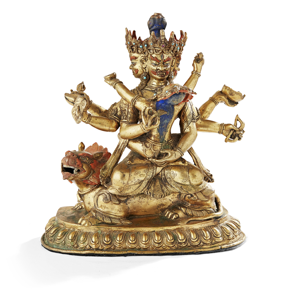 Appraisal: GILT-BRONZE FIGURE OF CHAKRASAMVARA AND VAJRAVARAHI the three-faced and six-armed