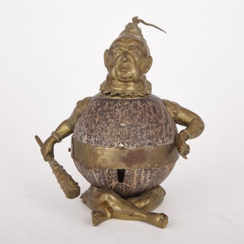 Appraisal: Brass Mounted Coconut Figural Inkwell with Call Bell early th