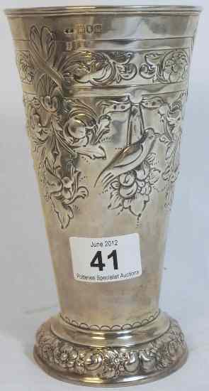 Appraisal: Silver Embossed Vase with Birds and Berries Designs Hallmarked London