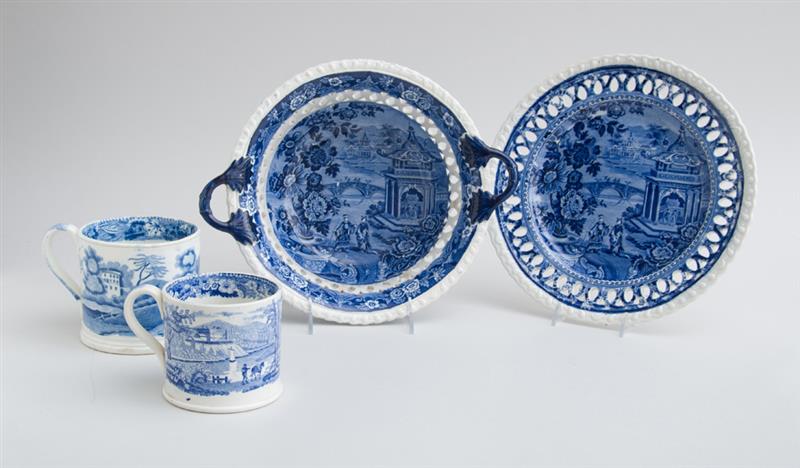 Appraisal: RIDGWAY'S ASIATIC PALACES BLUE TRANSFER-PRINTED TWO-HANDLED RETICULATED FRUIT BOWL AND