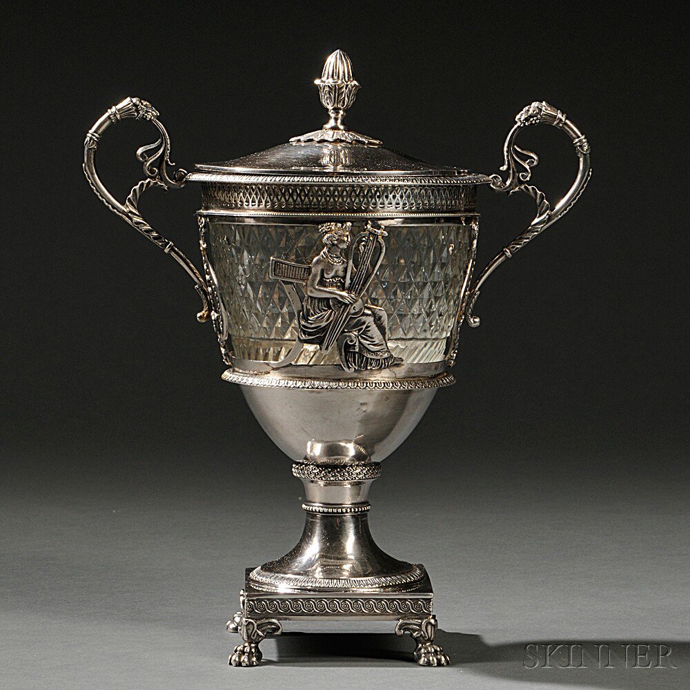 Appraisal: French Empire Silver and Glass Covered Urn Pairs c maker's