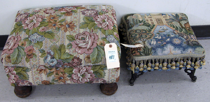 Appraisal: TWO TAPESTRY COVERED FOOTSTOOLS one square stool with cast iron