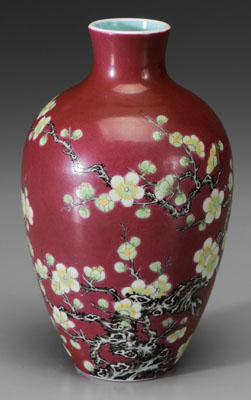 Appraisal: Chinese puce-ground vase ovoid form blooming prunus tree turquoise glaze