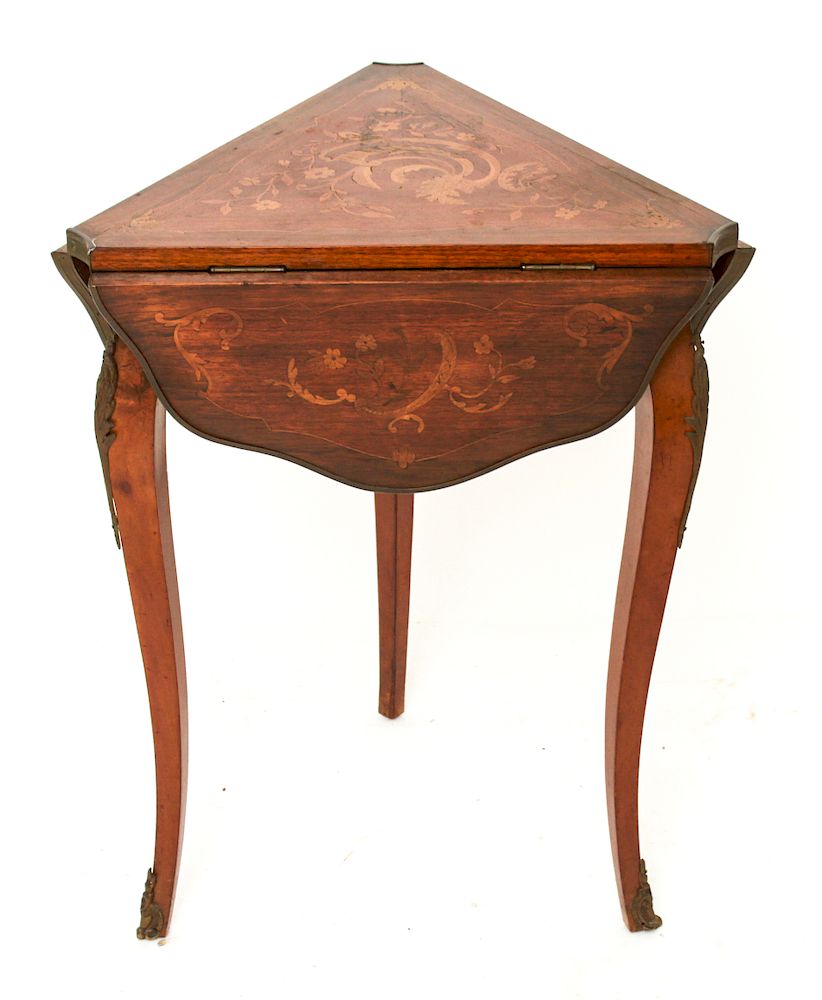 Appraisal: Continental Marquetry Tripod Drop Leaf Table Continental marquetry tripod drop