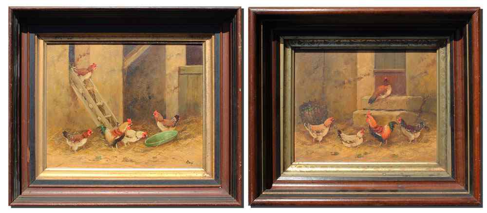 Appraisal: CHICKEN PAINTINGS SIGNED ROLF OIL Masonite '' x '' matching