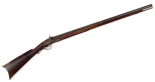 Appraisal: MID TH CENTURY HALF STOCK PERCUSSION RIFLE American tiger maple